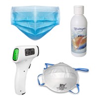 Kattava paketti erilaisia suojatarvikkeita hygienian ylläpitoon edullisesti. Sisältää suusuojuksia, hengityssuojaimia, käsidesin ja otsakuumemittarin.